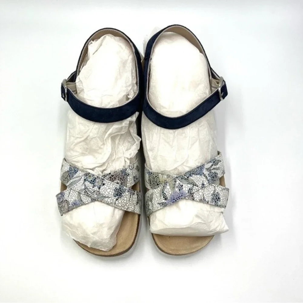Mephisto Womens Size 10 Stela Blue Leather Floral‎ Crackle Comfort Sandals NEW
